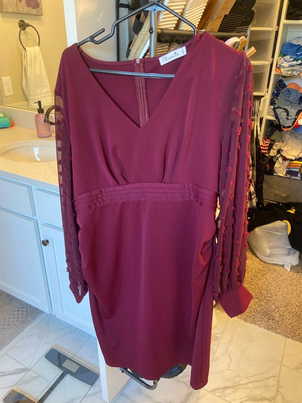 Maternity Burgundy V-Neck Long Sleeve Sheer-Sleeve Dress
